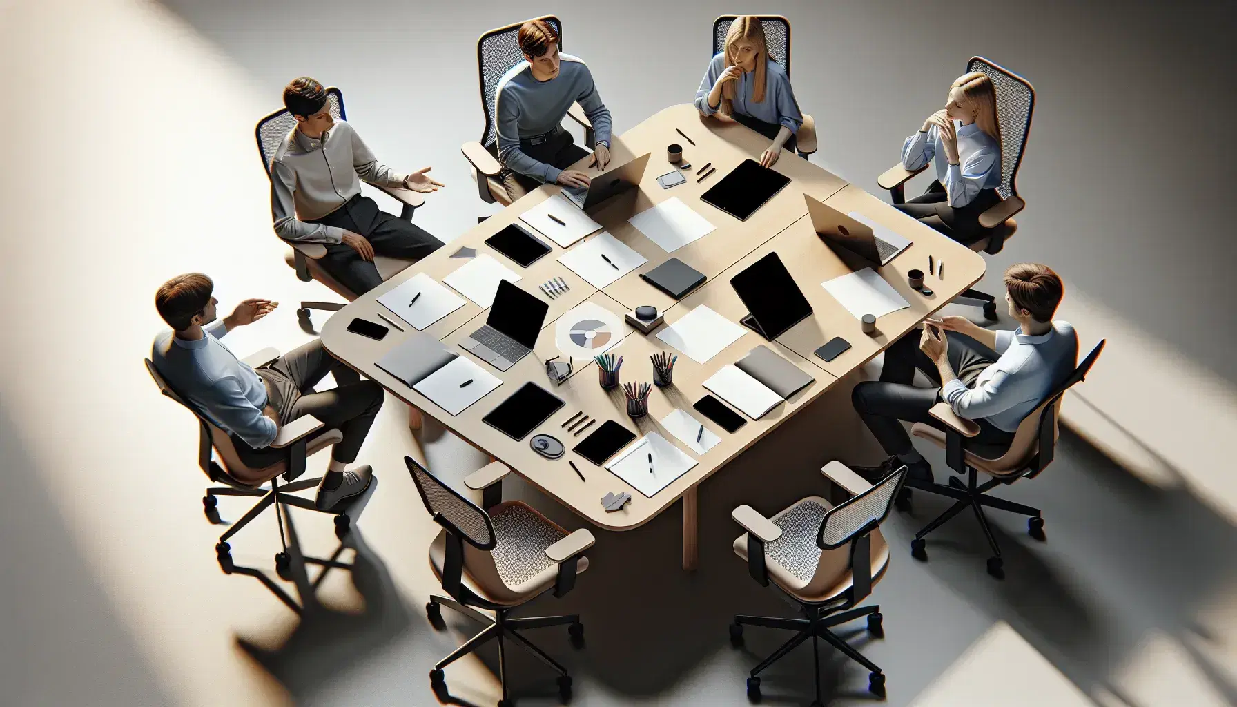 Grupo de cinco profesionales en reunión de trabajo alrededor de una mesa redonda con laptop, tabletas y papeles, en una sala iluminada sin ventanas.