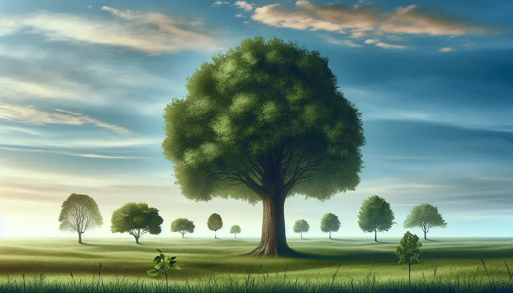 Majestic tree with thick trunk and green foliage in grassy field with young growing seedlings and blue sky with scattered clouds.