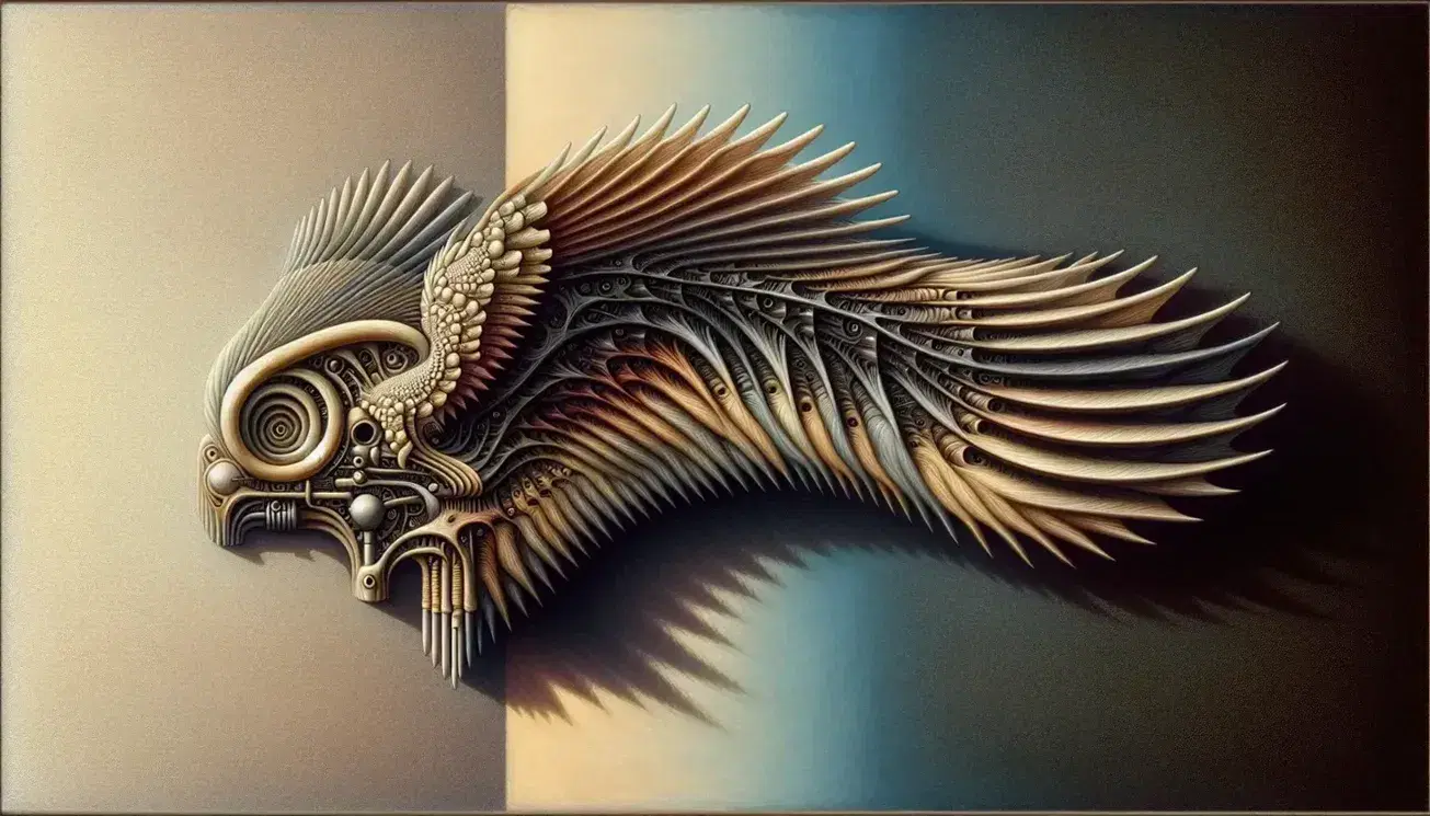 Quadro surrealista del 1927 con figura centrale ibrida organico-meccanica, texture piumata in toni di marrone e sfondo degradante blu-grigio.
