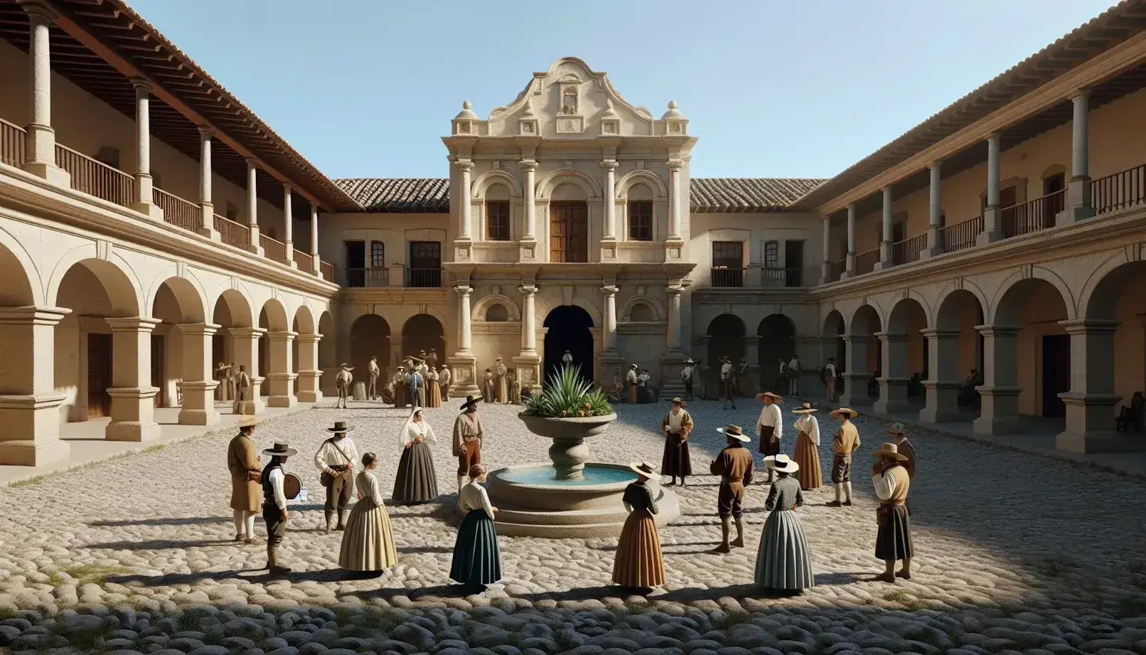 Escena colonial con personas en trajes de época frente a edificio de piedra con arcos, fuente circular y plantas, bajo cielo azul.