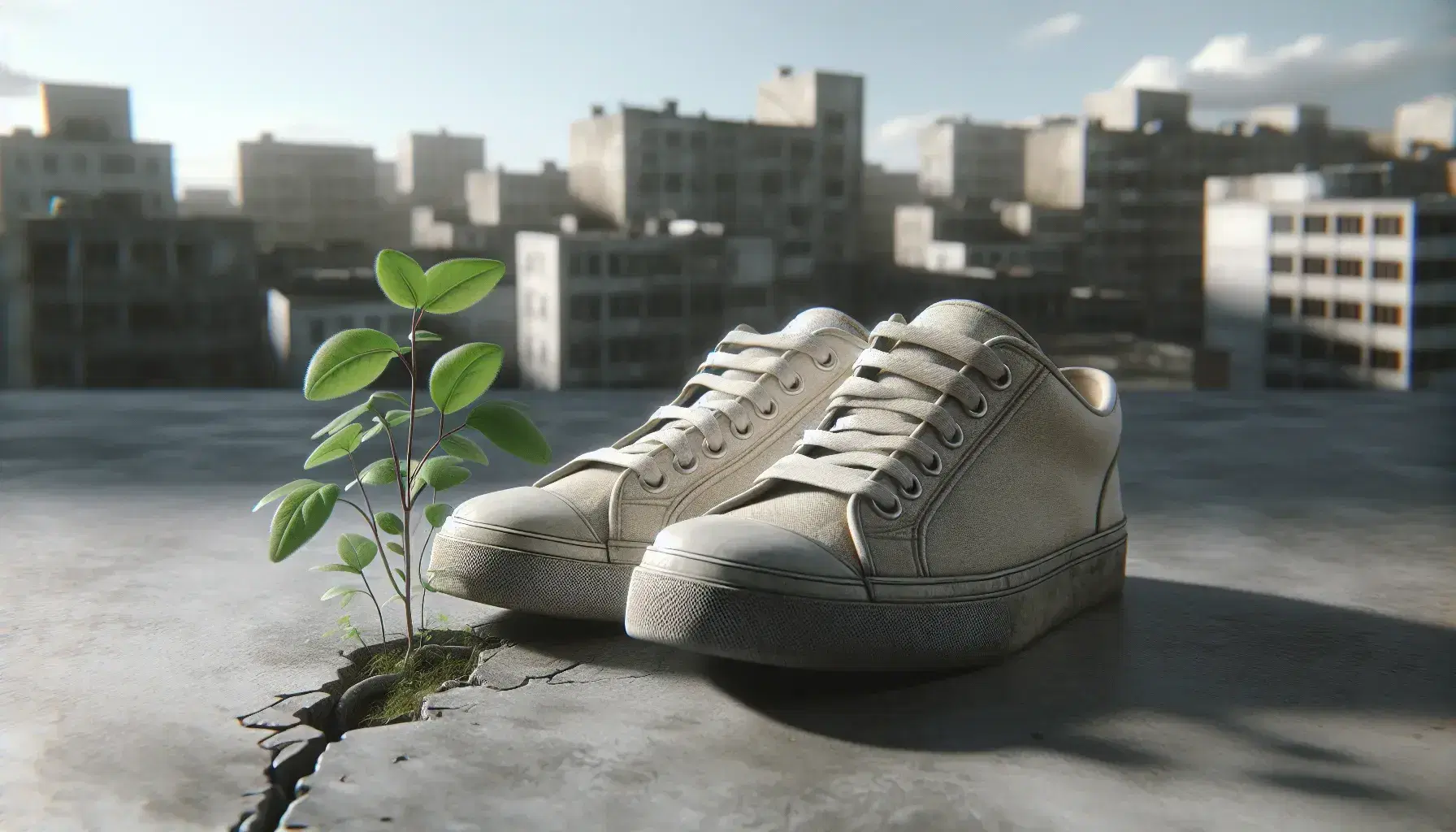 Vintage white sneakers on textured concrete with a green plant growing through a crack, against a blurred urban backdrop at dawn or dusk.