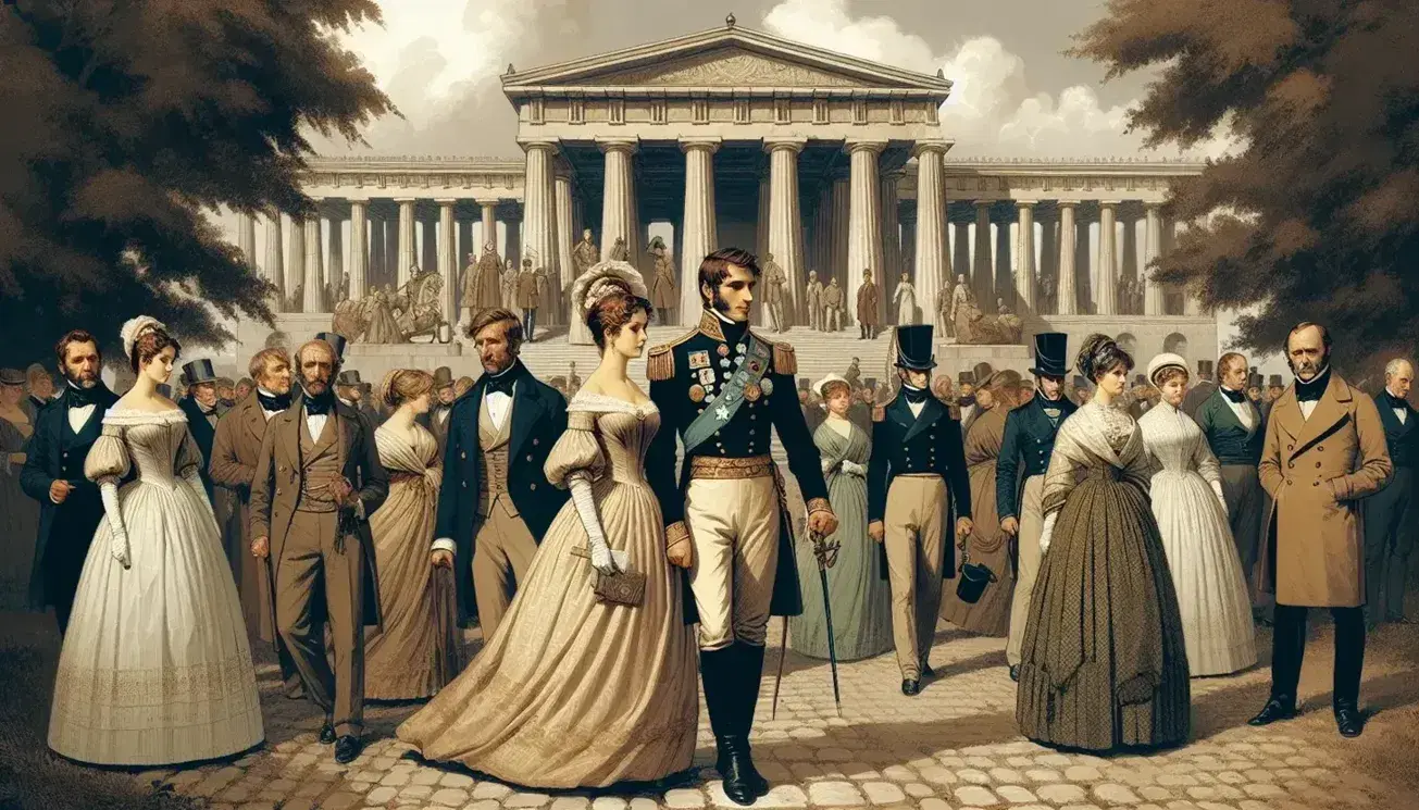 Grupo de personas con vestimenta del siglo XIX frente a construcción neoclásica, destacando mujer elegante y hombre militar con condecoraciones.