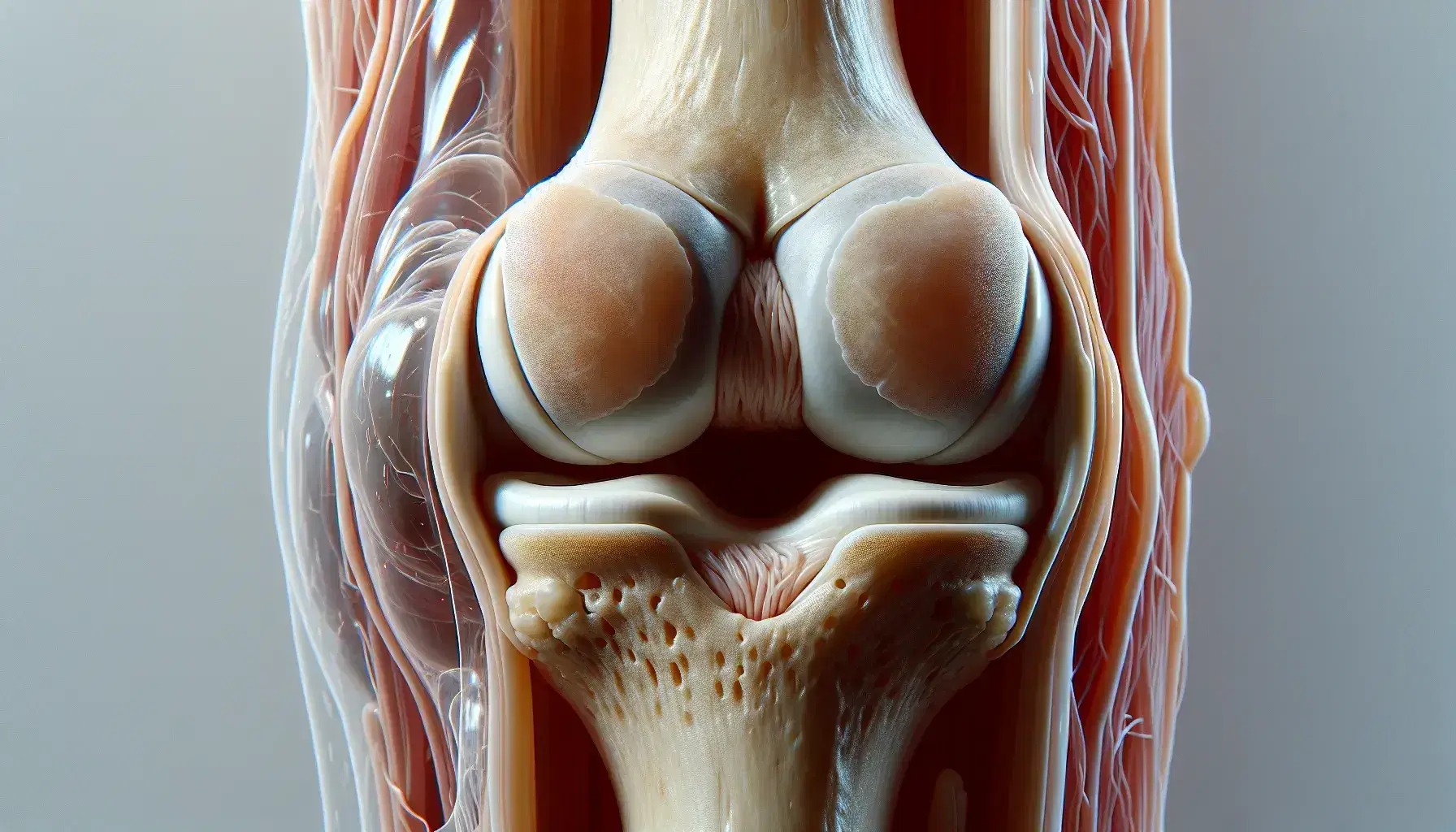 Vista detallada de una articulación de rodilla humana con huesos fémur y tibia, menisco y cápsula articular translúcida en contexto médico.