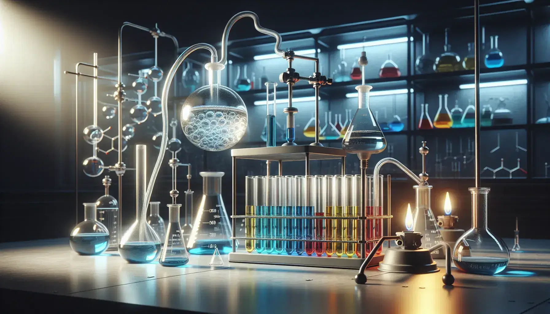 Laboratorio de química con tubos de ensayo de colores en soporte, matraz esférico con destilación y mechero Bunsen encendido, sobre mesa clara y estantería con material de laboratorio al fondo.