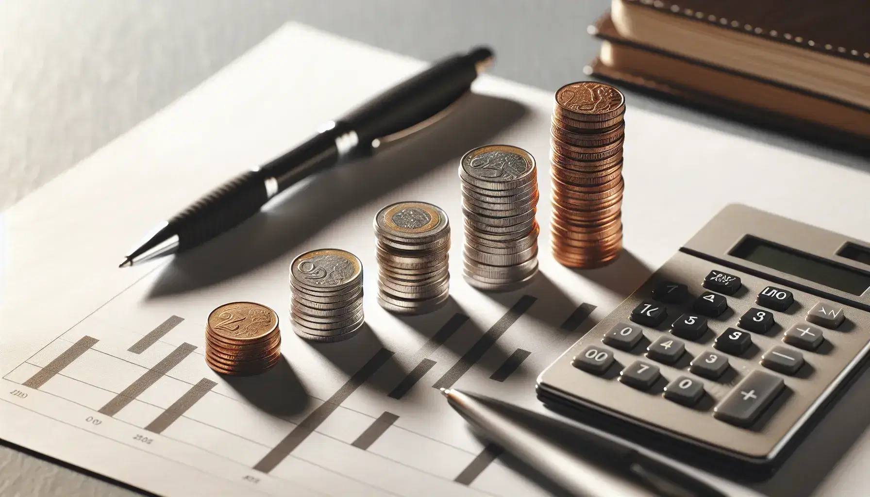 Monedas apiladas en gráfico de barras ascendente con calculadora y bolígrafo al fondo, simbolizando crecimiento financiero y planificación económica.