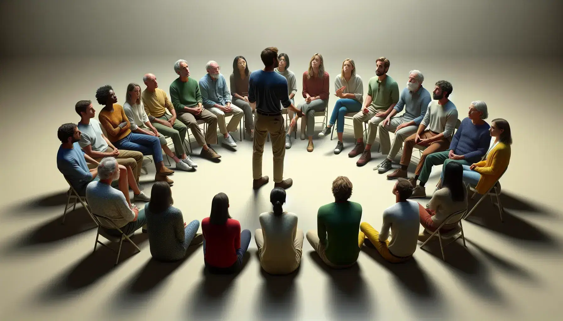 Diverse group of people sitting in a semicircle around a standing, gesturing speaker, in a neutral environment with soft lighting.