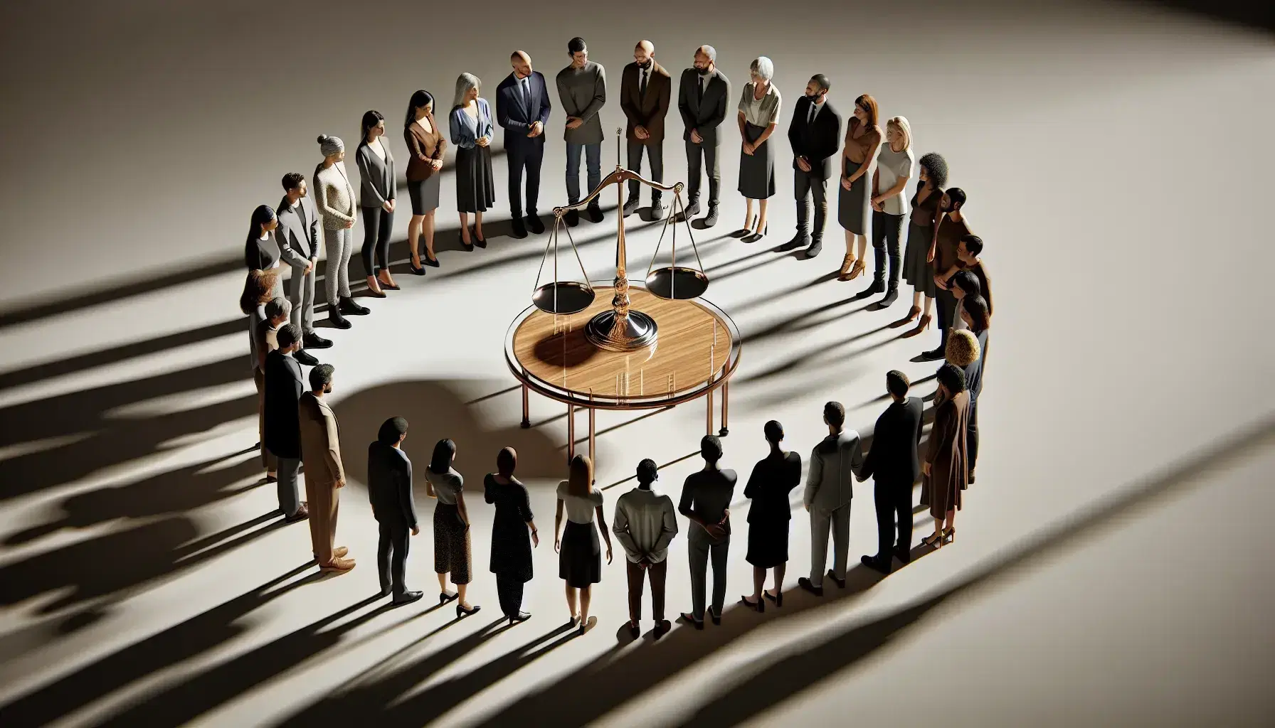 Grupo diverso de personas alrededor de una mesa redonda con balanza de justicia equilibrada en el centro, reflejando variedad de edades, géneros y etnias.