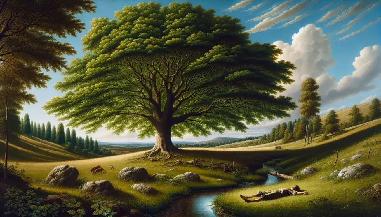 Paesaggio naturale con albero maestoso su collina erbosa, figura umana distesa a contemplare il cielo e ruscello scintillante.