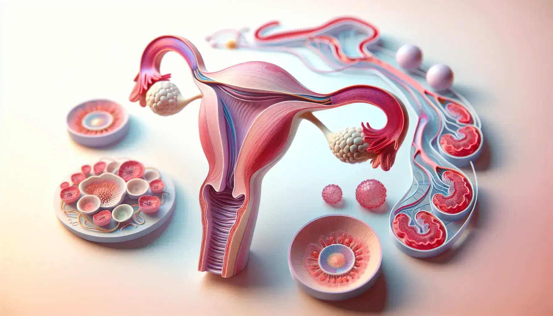 Modelo anatómico tridimensional del sistema reproductor femenino con útero, trompas de Falopio, ovarios y vagina en colores detallados y fondo suave.