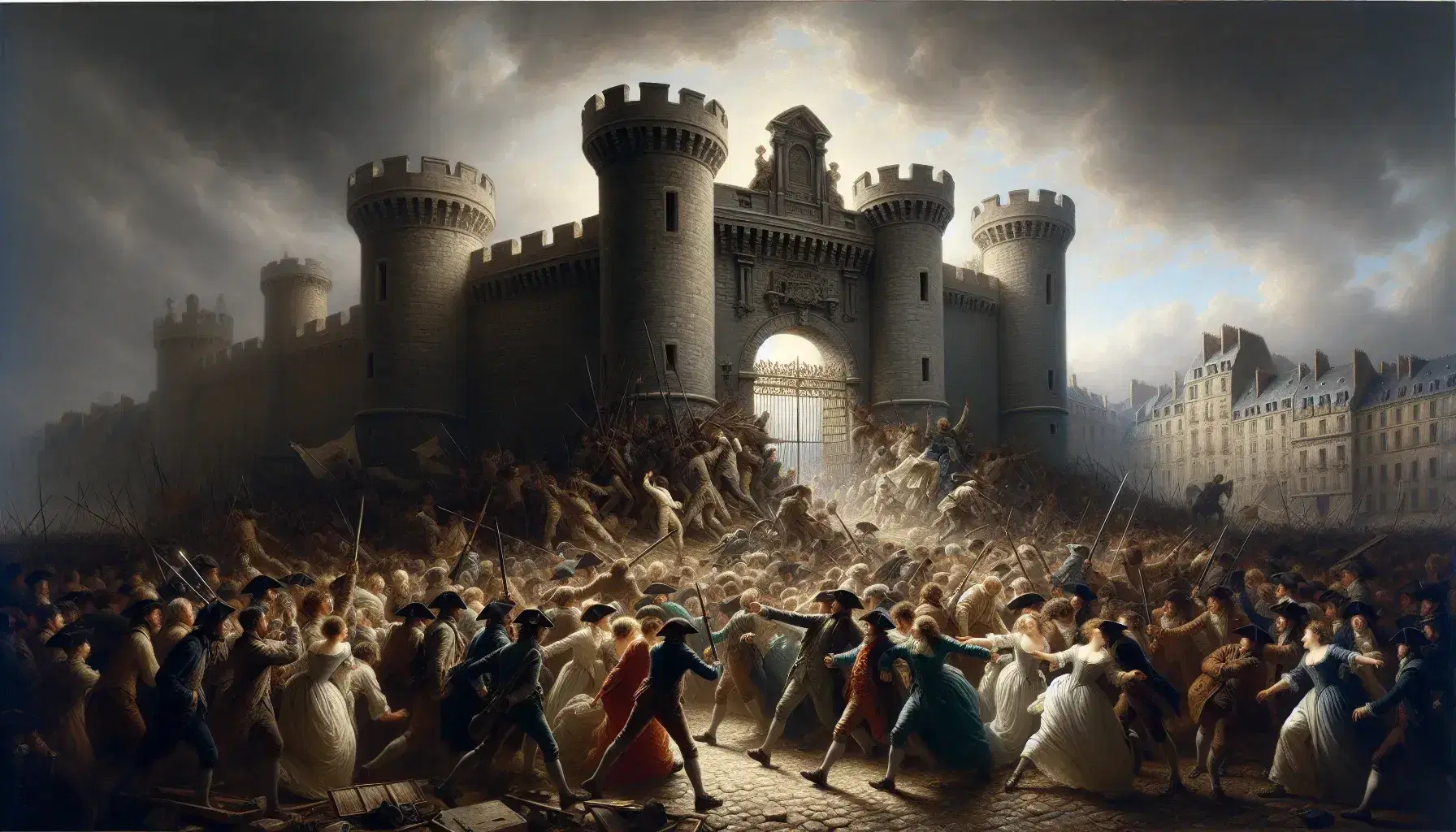 Rappresentazione artistica dell'assalto alla Bastiglia con folla in abiti d'epoca, armi e fortezza sotto un cielo nuvoloso.
