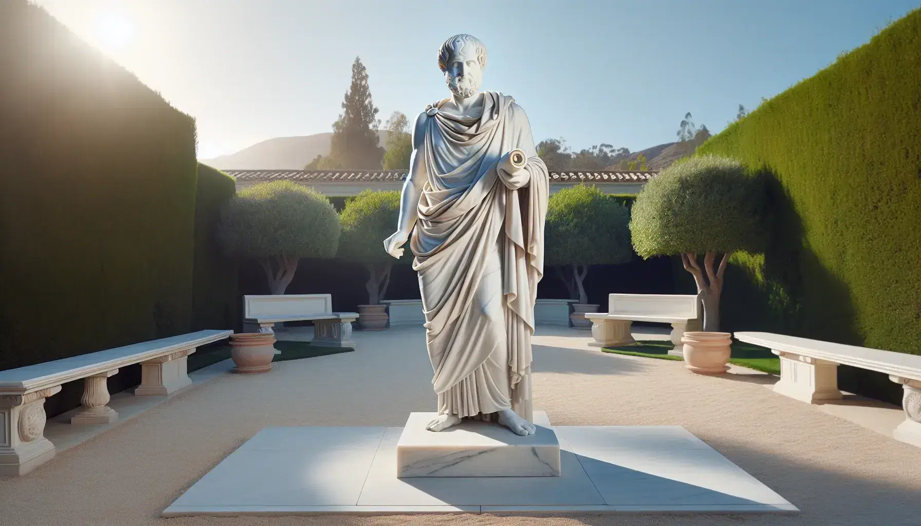 Estatua de mármol blanco de Aristóteles en un jardín, de pie con una expresión seria y una mano extendida, bajo un cielo azul despejado.