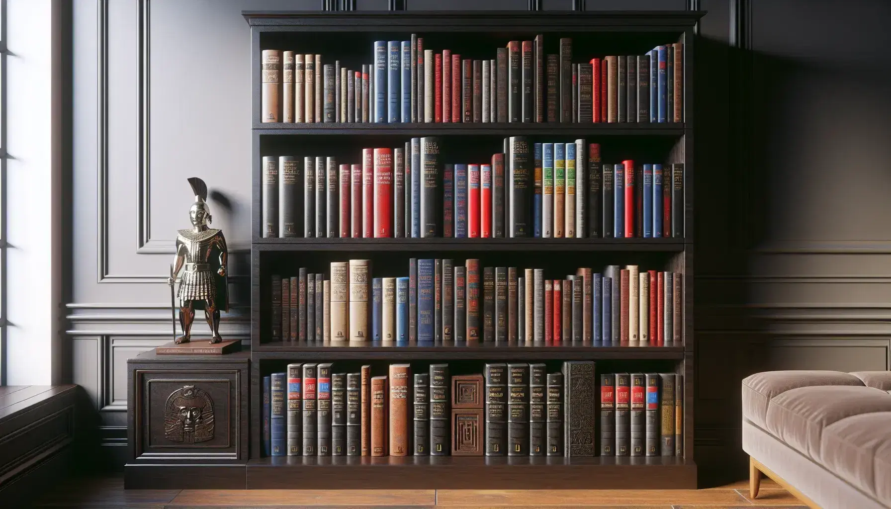 Estantería de madera oscura repleta de libros variados y figura cerámica de cultura prehispánica peruana.