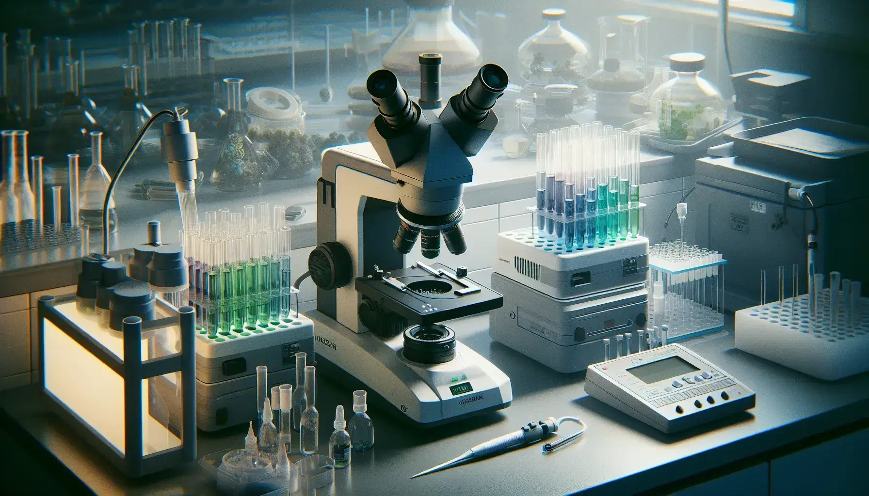 Microscopio elettronico in laboratorio di biologia molecolare con provette colorate e pipetta automatica su banco di lavoro.