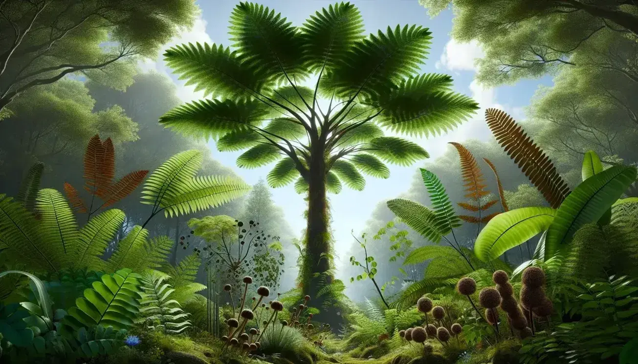 Felci con fronde arcuate e sori in primo piano, albero maestoso con corteccia scura e coni tra foglie verdi, sotto cielo azzurro con nuvole.