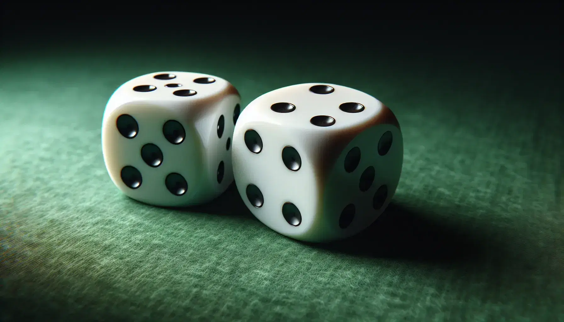 Two white dice with black pips on green felt, one showing five and the other two, positioned closely on a gaming table surface.
