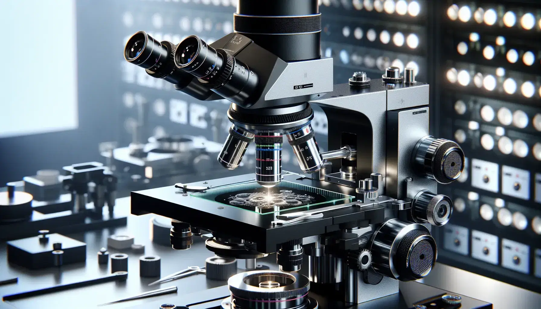 Microscopio óptico moderno enfocado en componentes metálicos y plásticos, con objetivos de colores, pinzas en la platina y preparado biológico en portaobjetos.