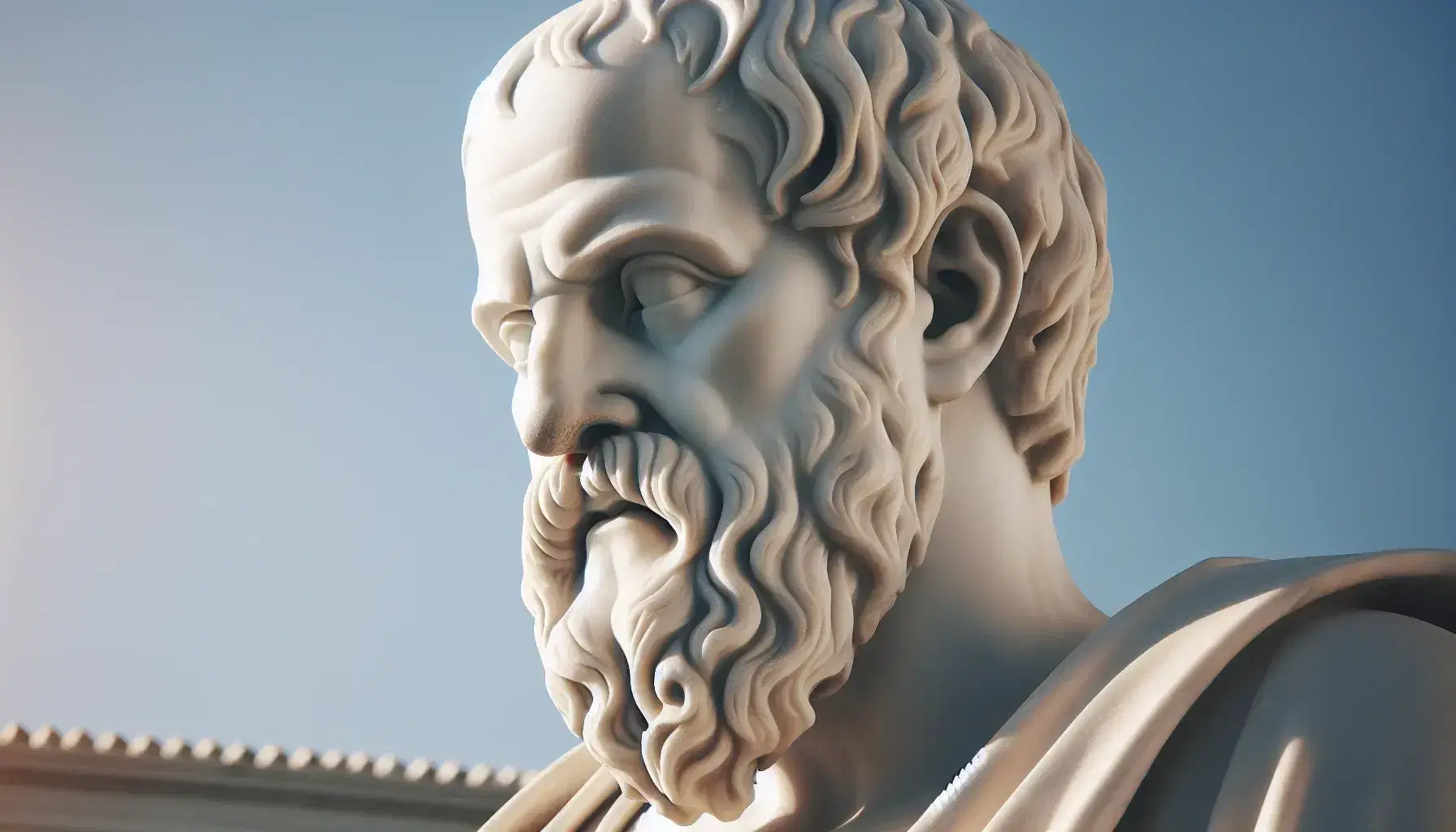 Estatua de mármol blanco de Sócrates mostrando su perfil derecho con barba prominente y mirada pensativa bajo un cielo azul con hojas verdes.