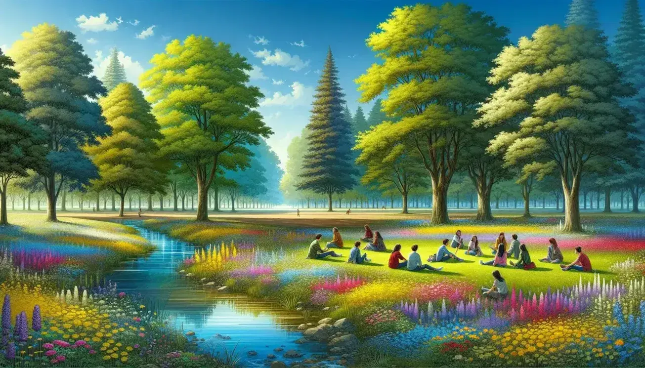 Tranquil park scene with a clear stream, vibrant wildflowers, diverse trees, and people enjoying a conversation on the grass under a sunny sky.