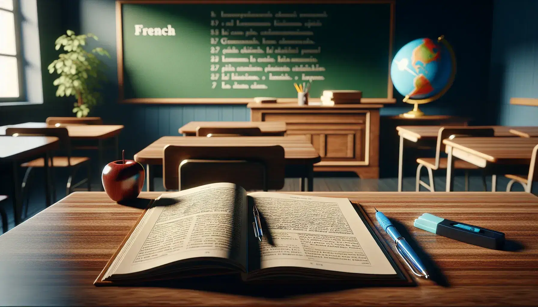 Classroom with desks, an open French textbook, a pen, a highlighter, a teacher's desk with a red apple, a globe, and a clean blackboard.