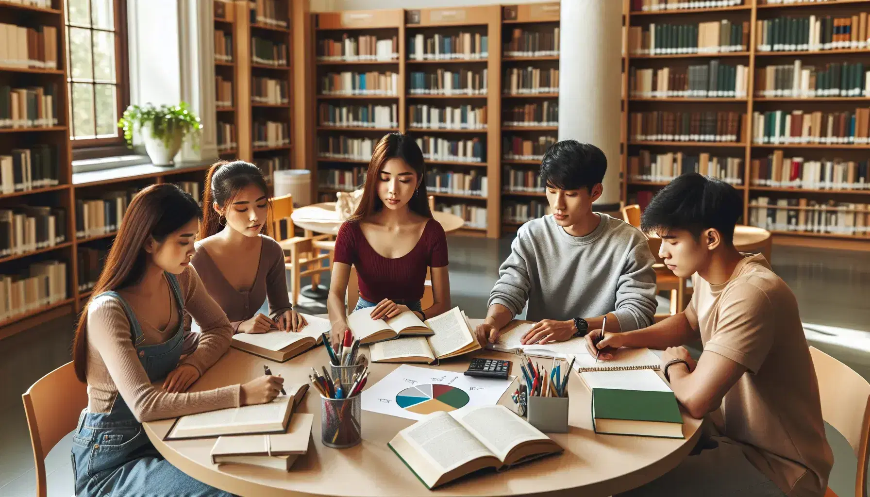 Estudiantes universitarios diversos concentrados en estudio de grupo en biblioteca, con libros, gráficos y material escolar sobre mesa redonda.