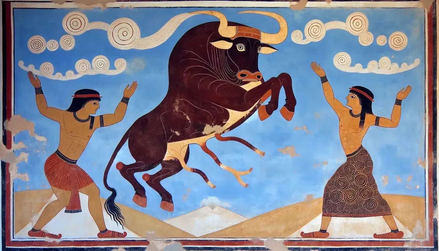 Affresco minoico con toro marrone in movimento, circondato da due figure umane, una maschile e una femminile, su sfondo azzurro.