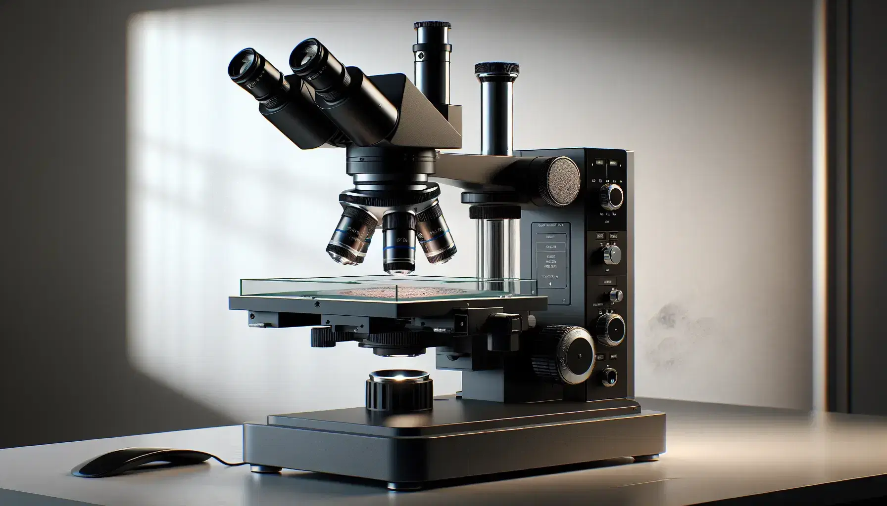 Microscopio de laboratorio óptico de diseño moderno con objetivos metálicos en revolver, platina con pinzas y preparado histológico de tejido vegetal.