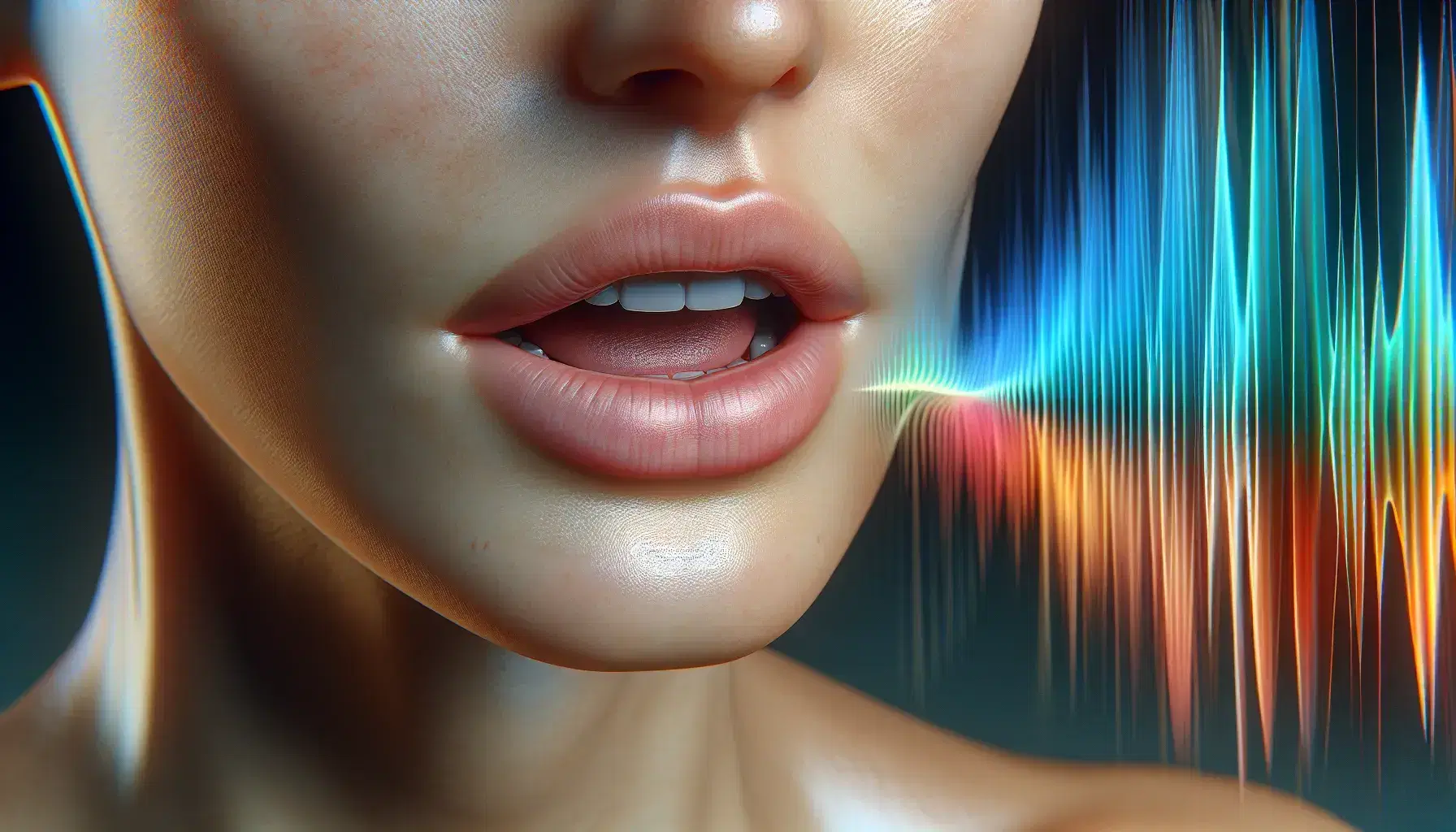 Close-up view of a person's lower face with mouth slightly open, revealing teeth and tongue, against a backdrop of colorful, blurred sound wave shapes.