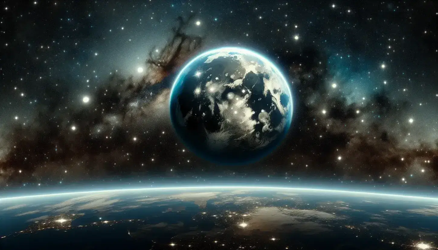 Cielo nocturno estrellado con luna llena brillante y silueta terrestre en la parte inferior, junto a una representación de la Tierra en el espacio.