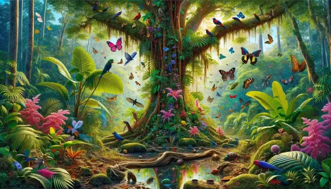 Foresta pluviale rigogliosa con albero maestoso, ruscello scintillante, farfalle colorate e uccelli esotici su rami.