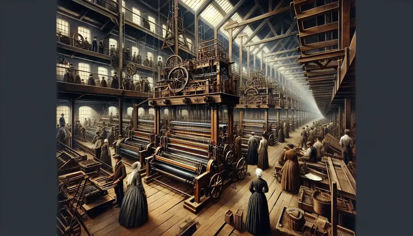 Escena de fábrica textil de la Revolución Industrial con trabajadores entre telares de madera y metal, iluminada por ventanas altas y lámparas colgantes.
