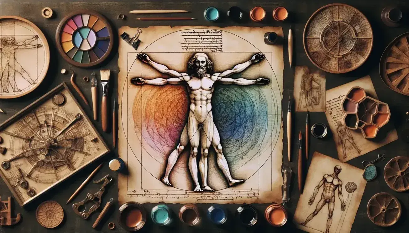 Uomo Vitruviano di Leonardo da Vinci al centro, con sfondo sfumato da blu a marrone chiaro e strumenti d'epoca come lente d'ingrandimento e calamaio.