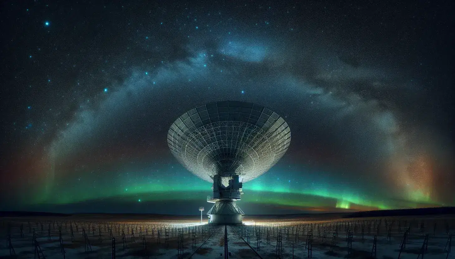 Antenna parabolica argentea sotto cielo notturno stellato con aurora boreale dai toni verdi e viola.