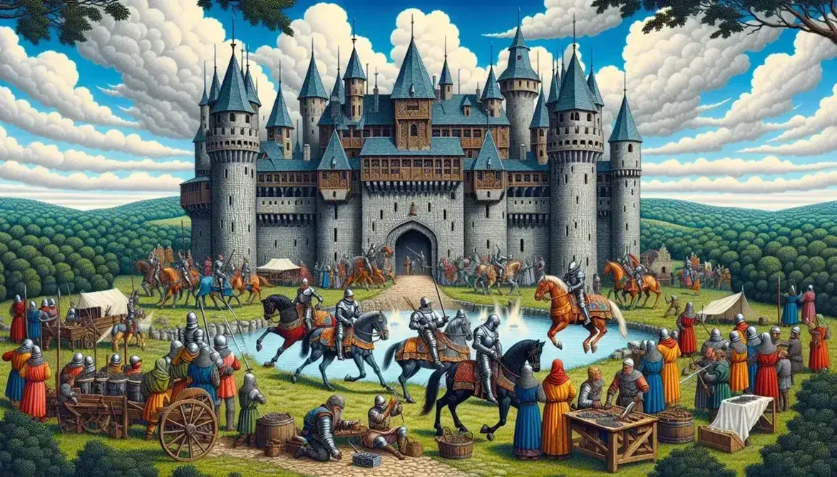 Scena medievale con cavalieri in armatura su cavalli, castello con ponte levatoio, contadini al lavoro e fabbro alla forgia.