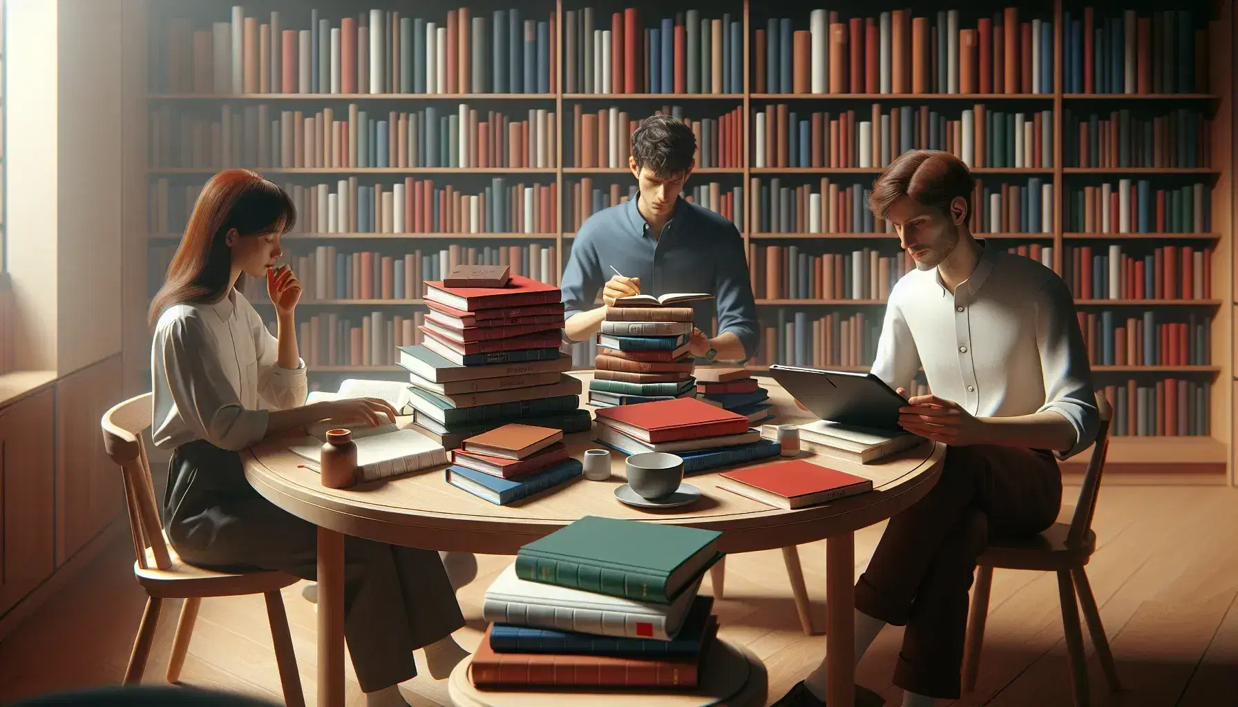 Grupo de tres personas estudiando en una biblioteca, con libros, una taza de café y una planta sobre una mesa redonda de madera.