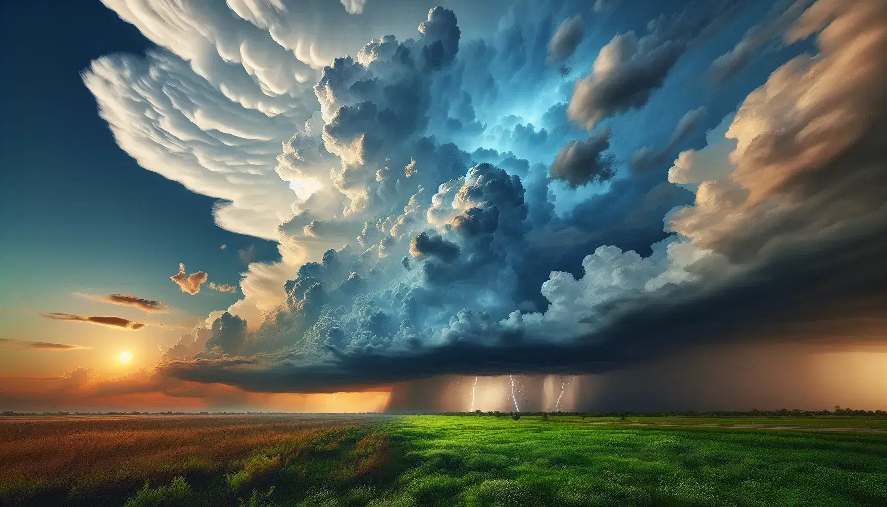 Paesaggio aperto con prato verde e alberi sparsi, cielo dinamico con cumuli bianchi che sfumano in cumulonimbus scuri e pioggia in lontananza.