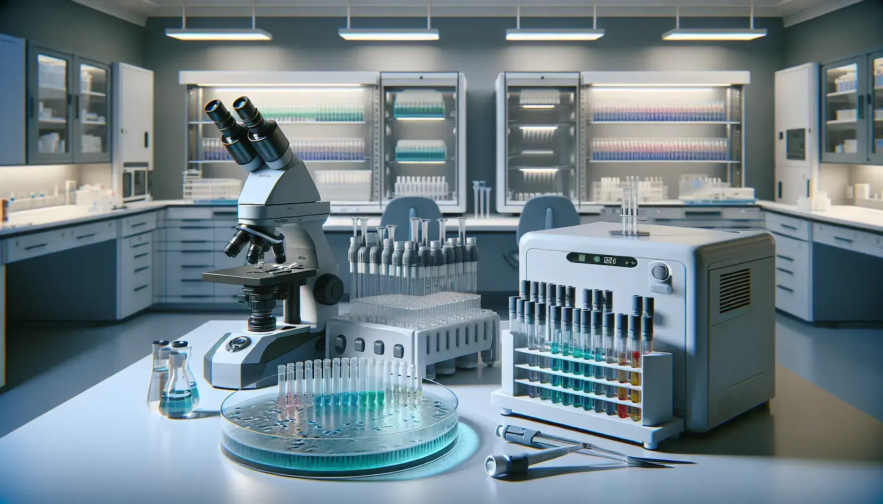 Laboratorio di ricerca genetica con microscopio elettronico, provette colorate, pipette automatiche e frigorifero per campioni biologici.