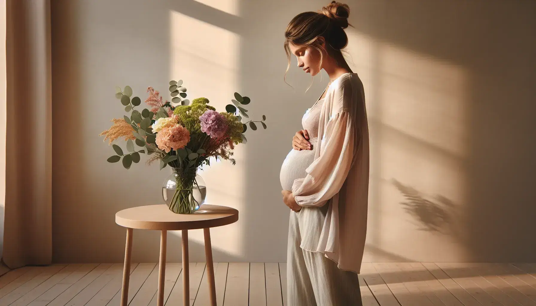 Mujer embarazada en perfil con mano en vientre, cabello recogido y blusa pastel, junto a mesa con jarrón de flores frescas, fondo de pared clara y suelo de madera.