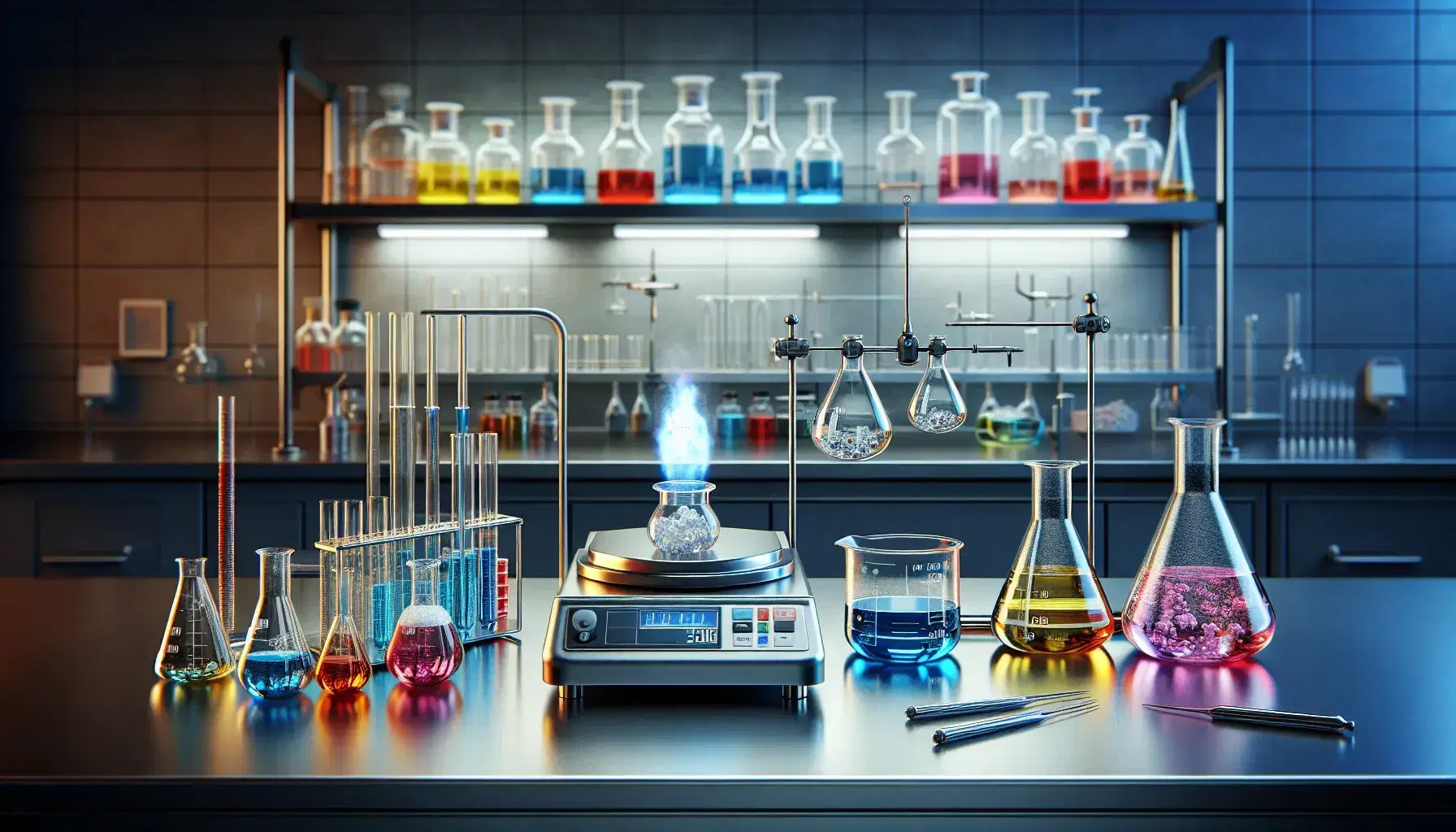 Laboratorio scientifico moderno con tavolo da lavoro, becher con liquidi colorati, bilancia analitica, pipette e fiamma di Bunsen.