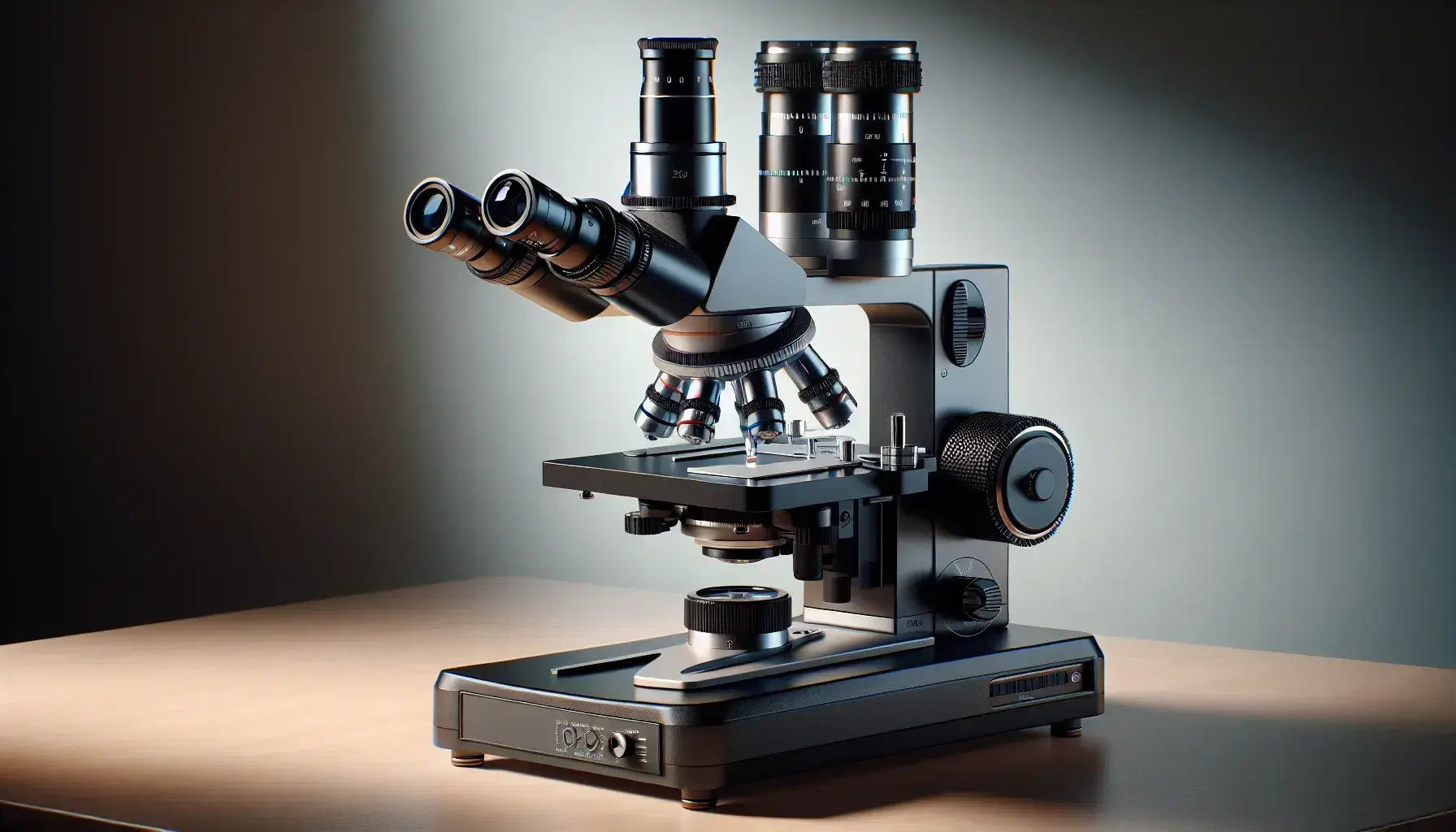 Microscopio compuesto moderno en laboratorio con ocular binocular, revolver de objetivos de distintos aumentos y platina con preparación microscópica.