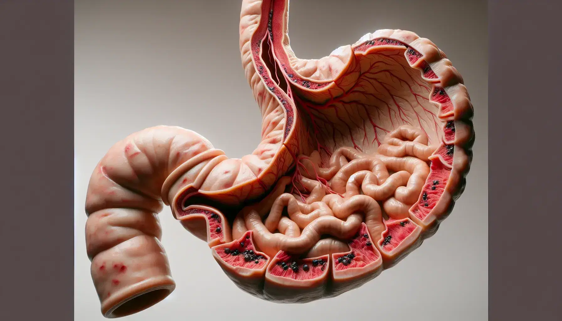 Modelo anatómico tridimensional seccionado del estómago humano mostrando la mucosa gástrica, curvaturas menor y mayor, esfínter esofágico inferior y píloro sobre fondo neutro.