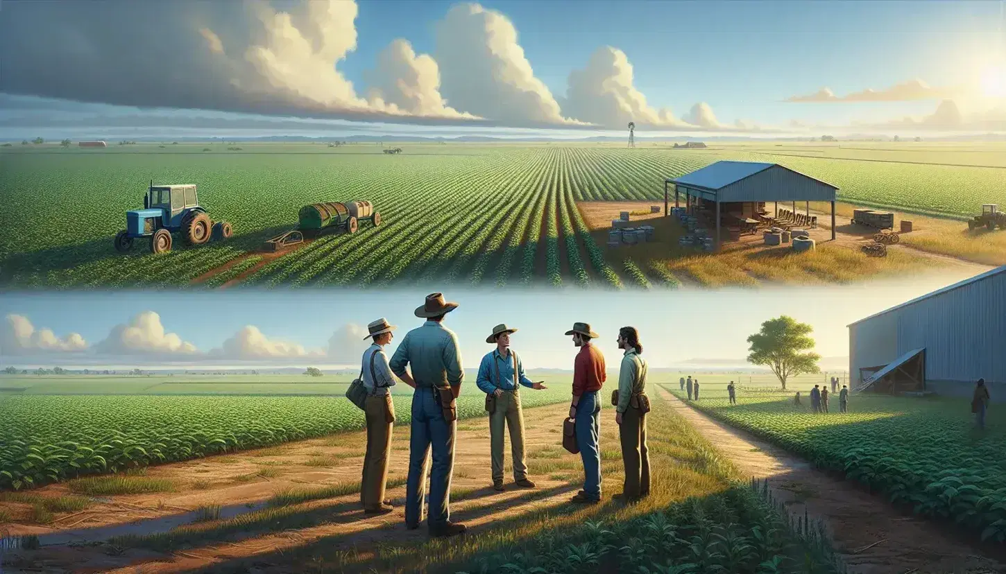 Grupo de agricultores conversando en un campo de cultivo bajo el sol, con un tractor a la derecha y una estructura sencilla a la izquierda, rodeados de vegetación y cielo azul.