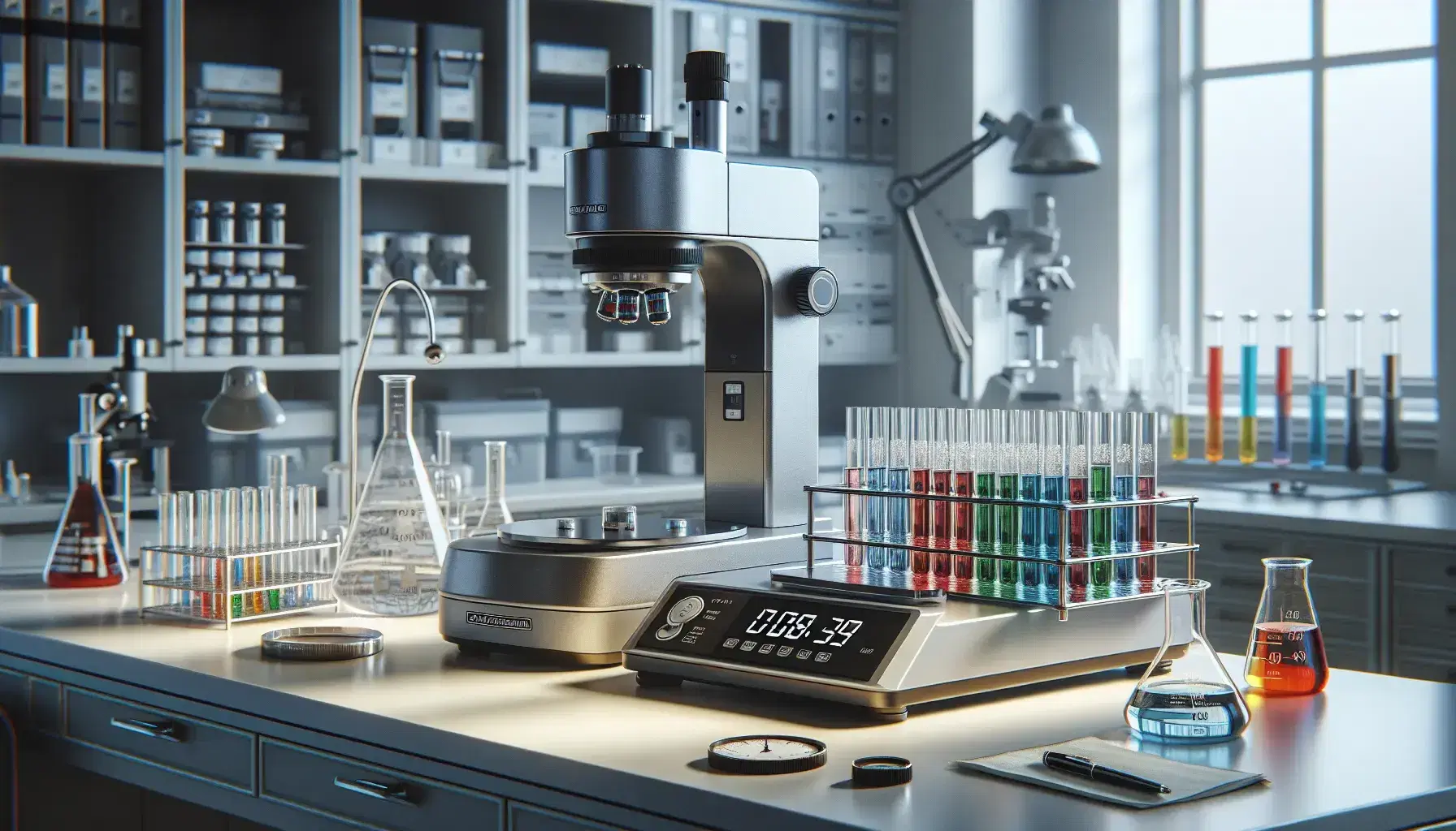 Laboratorio scientifico moderno con microscopio elettronico, bilancia analitica digitale e provette colorate su banco di lavoro pulito.