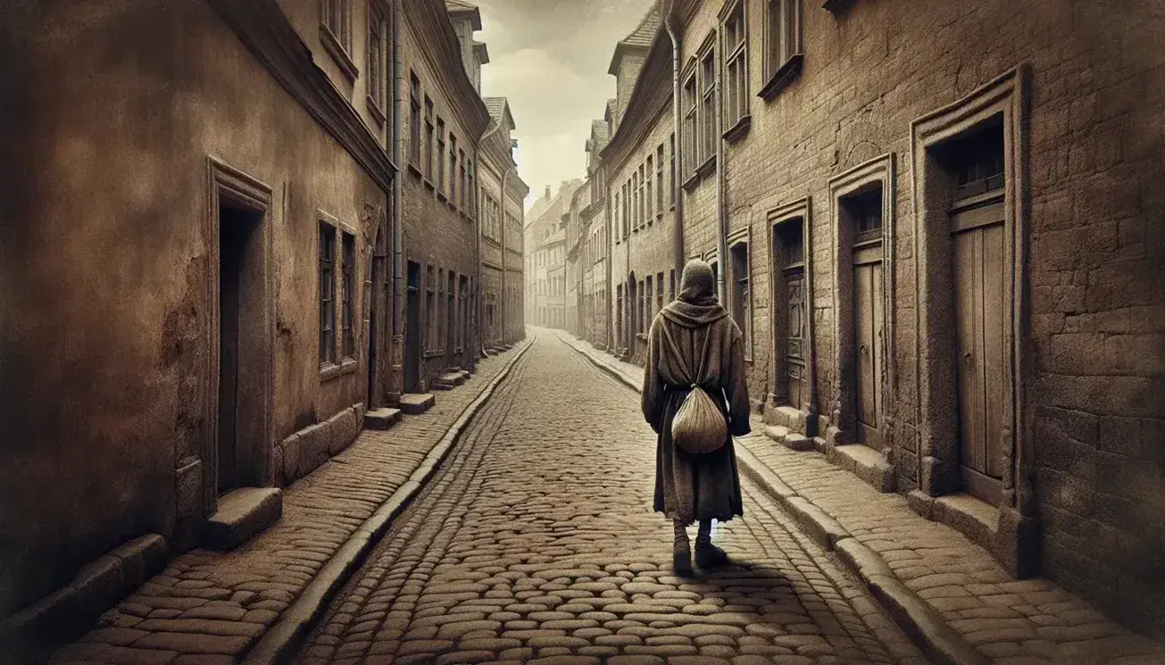 Solitary figure with a bundle over their shoulder walks down a deserted cobblestone street lined with historic stone buildings, under an overcast sky.