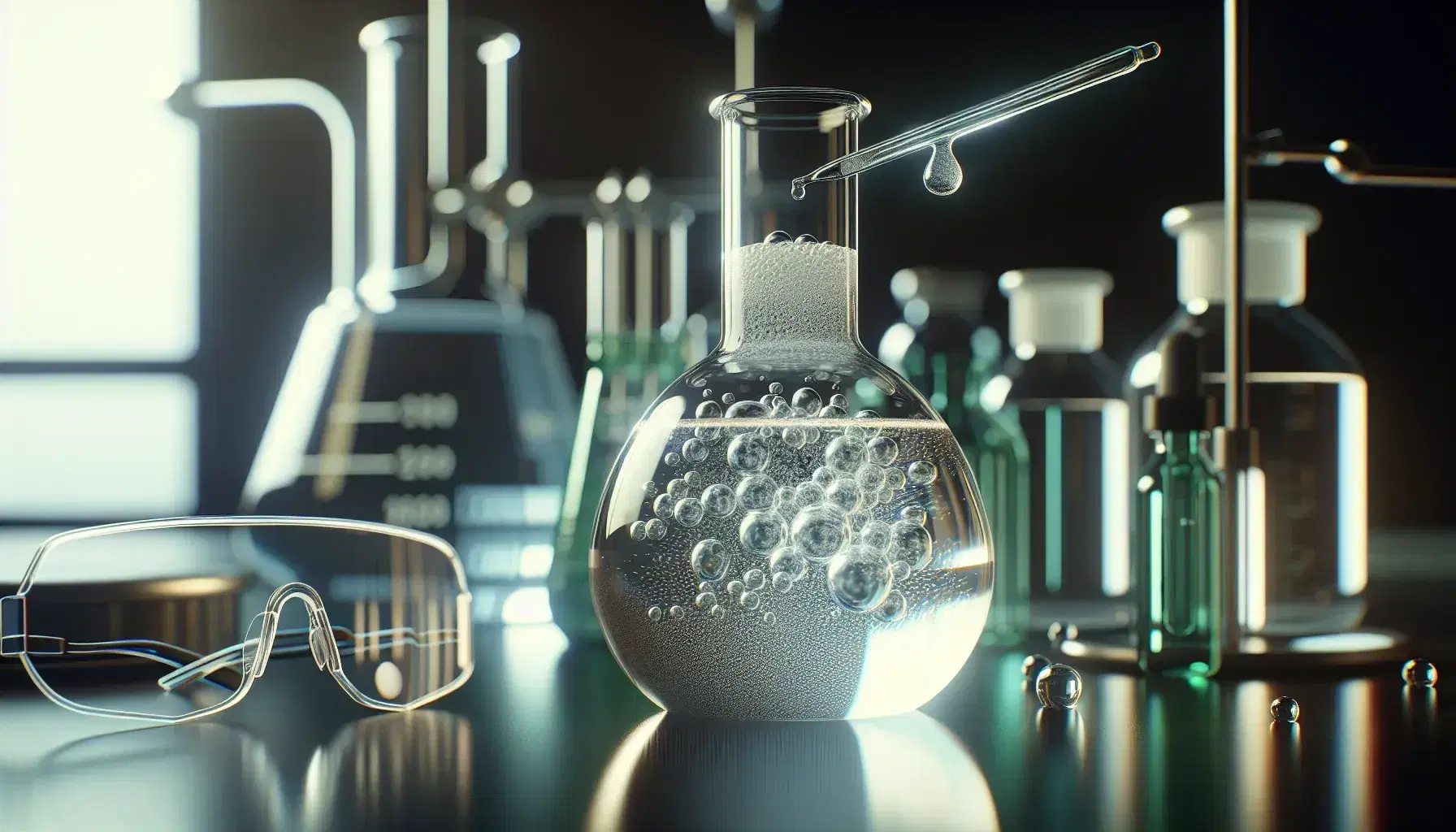 Transparent glass bottle on a reflective surface with colorless liquid and bubbles, dropper on top and safety glasses on the side.