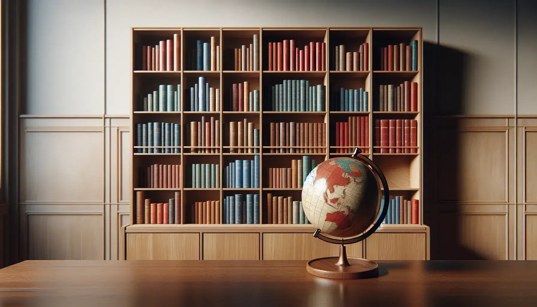 Estantes de madera con libros de colores variados y un globo terráqueo sobre una mesa, en un ambiente con iluminación suave y fondo claro.