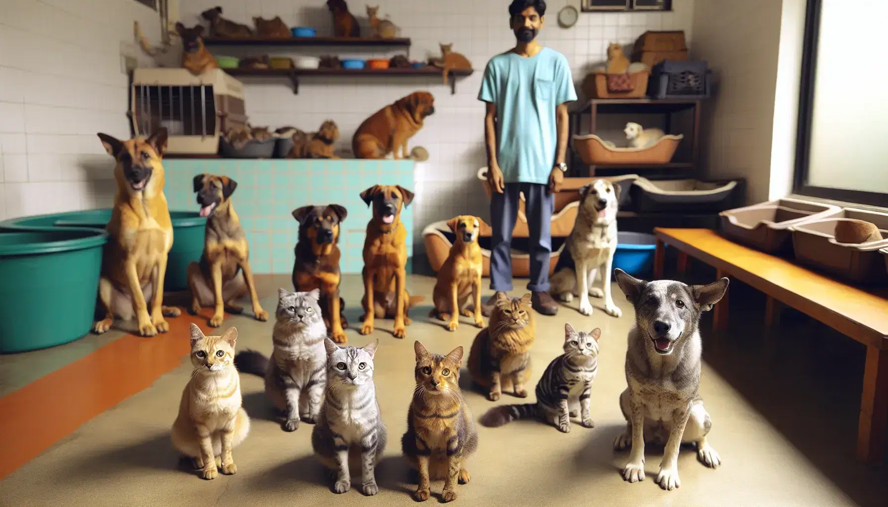 Grupo variado de perros y gatos en un centro de adopción, con un cuidador interactuando con ellos en un ambiente acogedor y bien equipado.