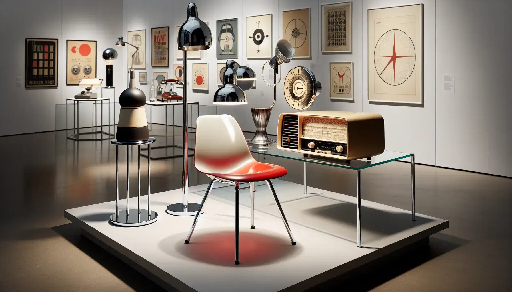 Exposición de diseño industrial con silla ergonómica roja, lámpara de pie, radio vintage, mesa con objetos utilitarios y pósters geométricos.