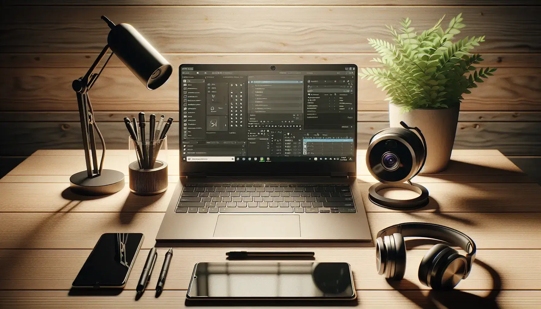 Escritorio de madera claro con laptop abierto, smartphone apagado, auriculares negros, webcam cilíndrica y planta verde en maceta blanca, en un ambiente de trabajo tranquilo.