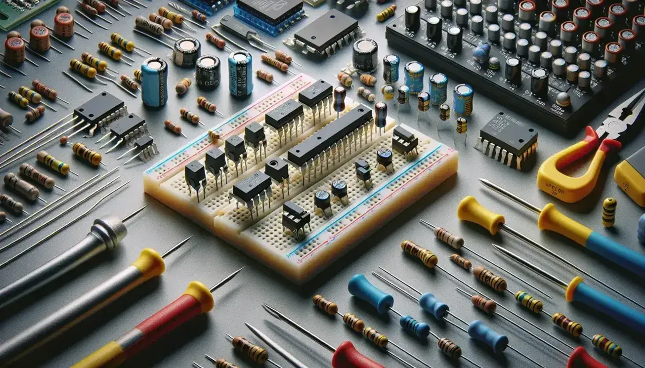 Electronic workbench with a breadboard featuring op-amps, resistors, capacitors, wire cutters, and a multimeter, against a backdrop of green plants.