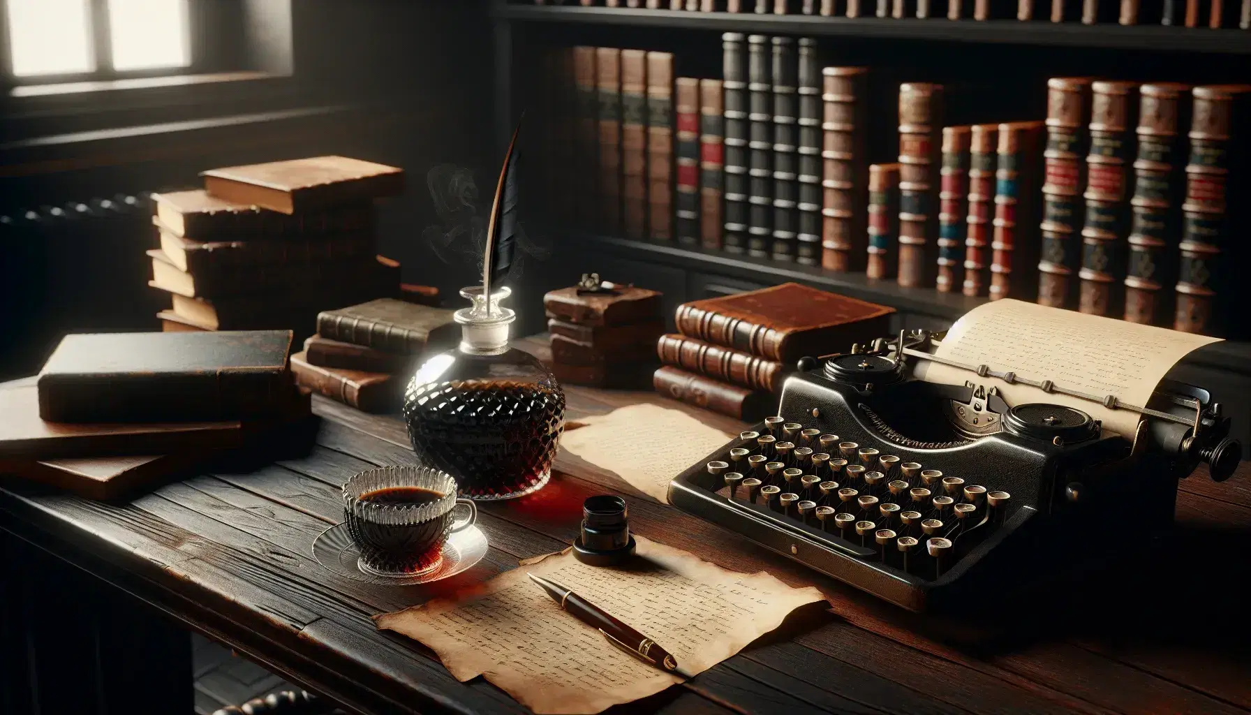Scrivania vintage in legno scuro con macchina da scrivere antica, calamaio in vetro, penna d'oca, carte ingiallite e tazza di caffè, sfondo di libreria sfocata.